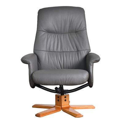 The Kansas Swivel Recliner Chair in Charcoal Genuine Leather and Cherry base.