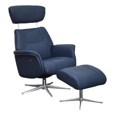 The Murcia - Swivel Recliner Chair & Matching Footstool in Navy Genuine Leather