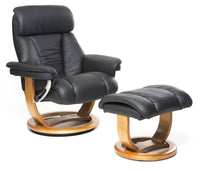 The Mars Genuine Leather Swivel Recliner Chair & Footstool In Black - Clearance