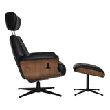 The Nordic - Luxury Premium Swivel Recliner - Walnut & Black Genuine Leather Chair with Matching Footstool