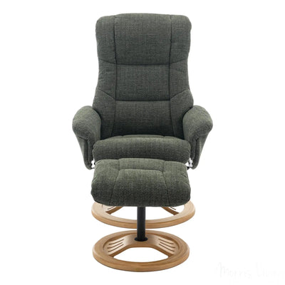 The Mandalay Swivel Recliner Chair & Footstool in ChaCha Fern Green Fabric - Refurbished Morris Living