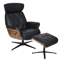 The Nordic - Luxury Premium Swivel Recliner - Walnut & Black Genuine Leather Chair with Matching Footstool